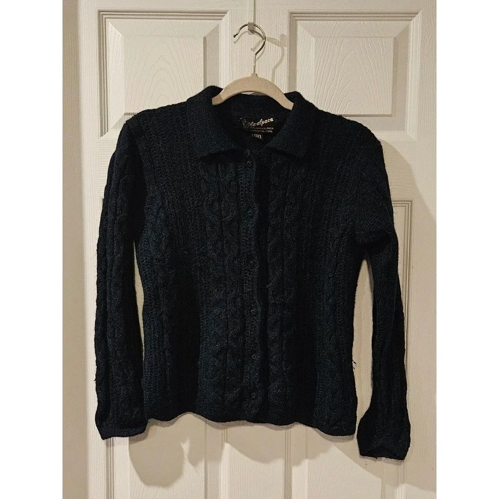 La Alpaca 100% Baby Alpaca Cable Knit‎ Button Up Cardigan Sweater Emerald Small